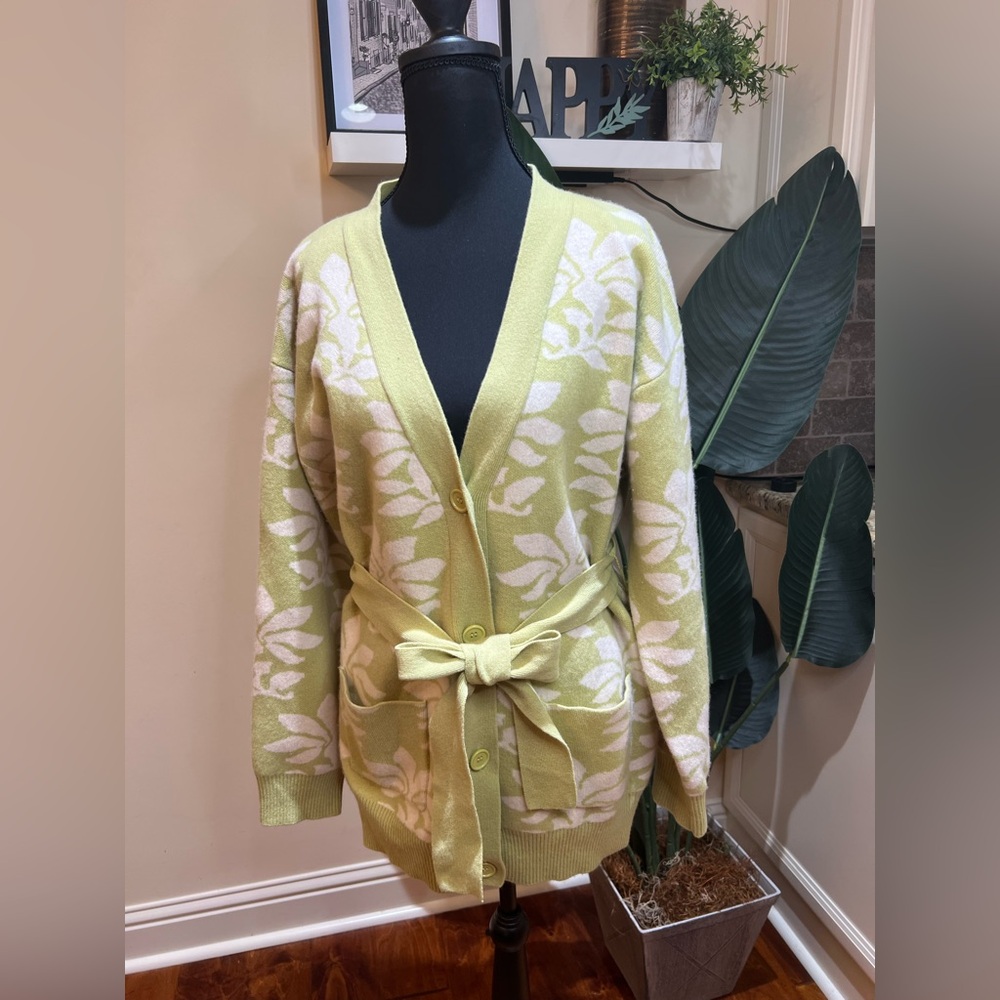 RHODE Cheri Belted Wool-Jacquard Green White Cardigan Chartreuse Sweater Large